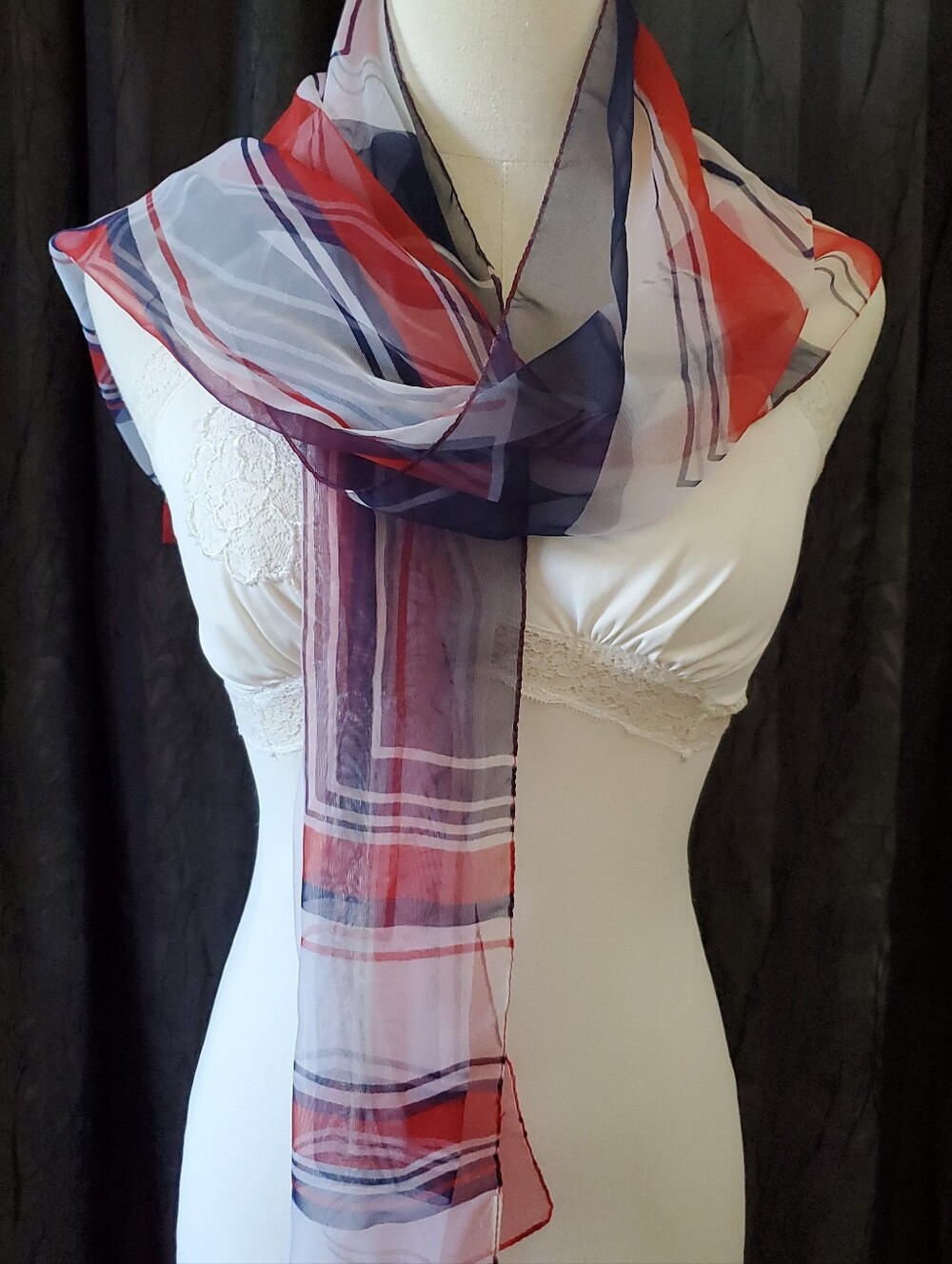 Vintage Sheer Scarf RED WHITE BLUE Lightweight Chiffon 13 X 60" RECTANGLE LONG